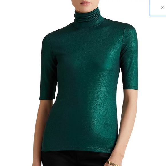 Women's Ralph Lauren Foiled Stretch Jersey Turtleneck Green Blouse Size M - Picture 1 of 7